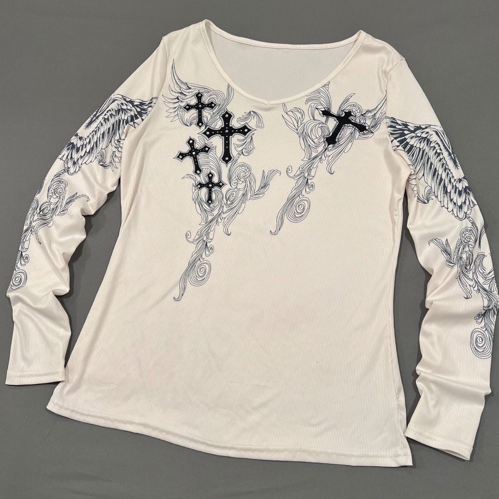 Y2K Gothic Cross Wing Graphic Rhinestone Ribbed Long Sleeve Top Off White Poly